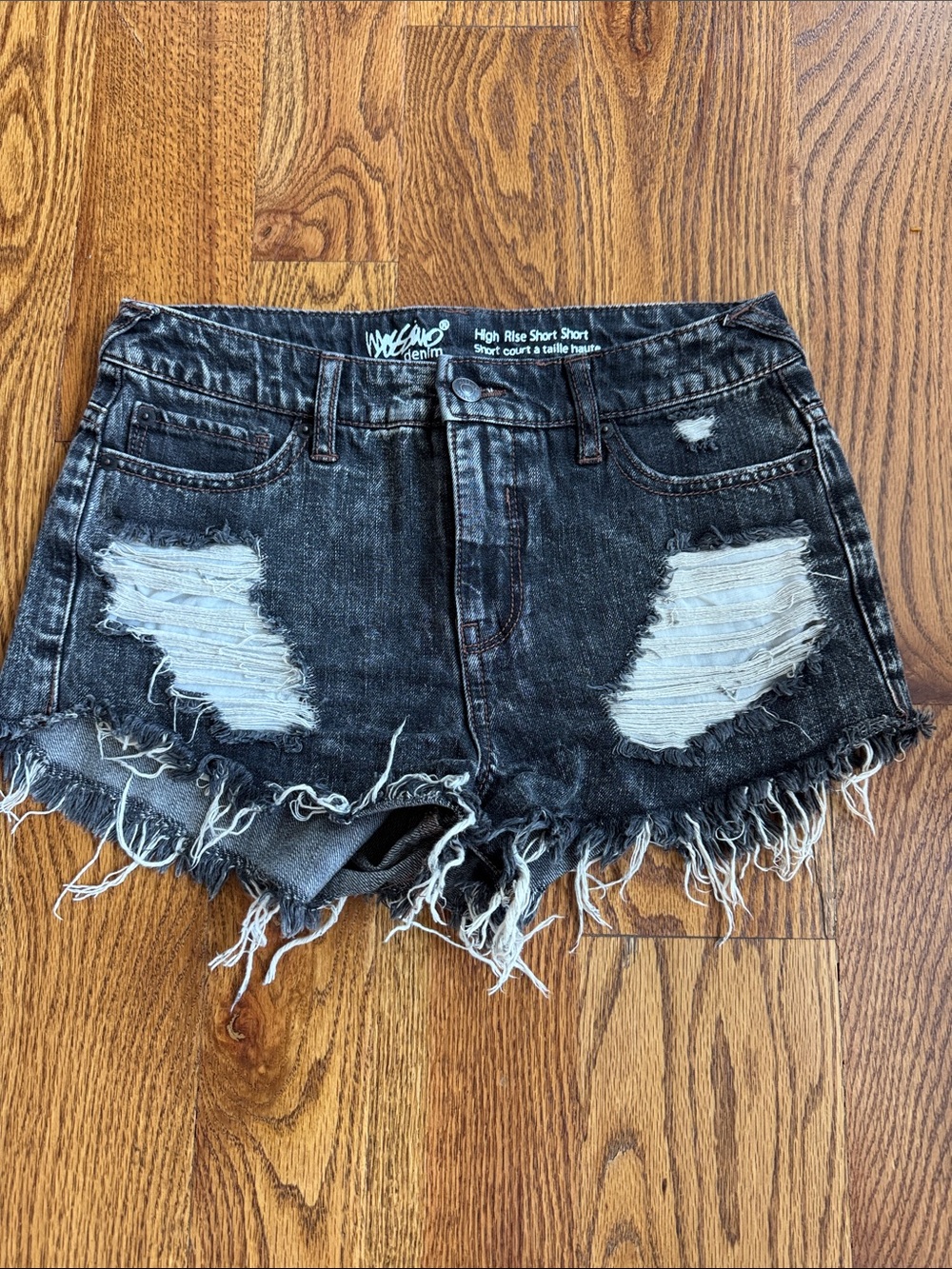 Mossimo Black High Rise Acid Wash Ripped jeans Sz 26/2 Destroyed Raw Hem